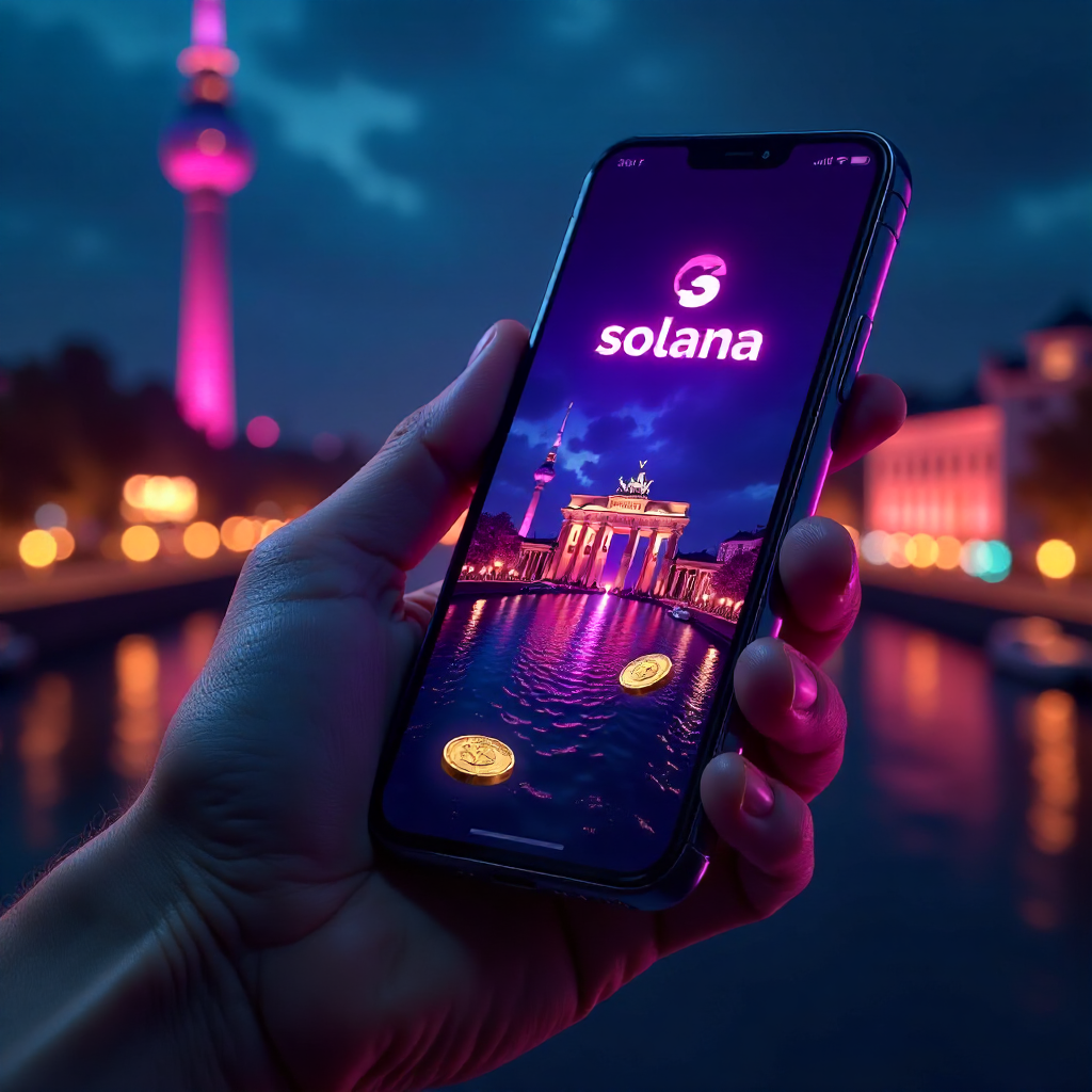 A hand holding a sleek futuristic smartphone displaying the official Solana Casino Germany app with a vibrant purple and cyan interface, background is the Berlin skyline with the Brandenburg Gate and TV Tower at night, 3D Solana logo coins and golden poke